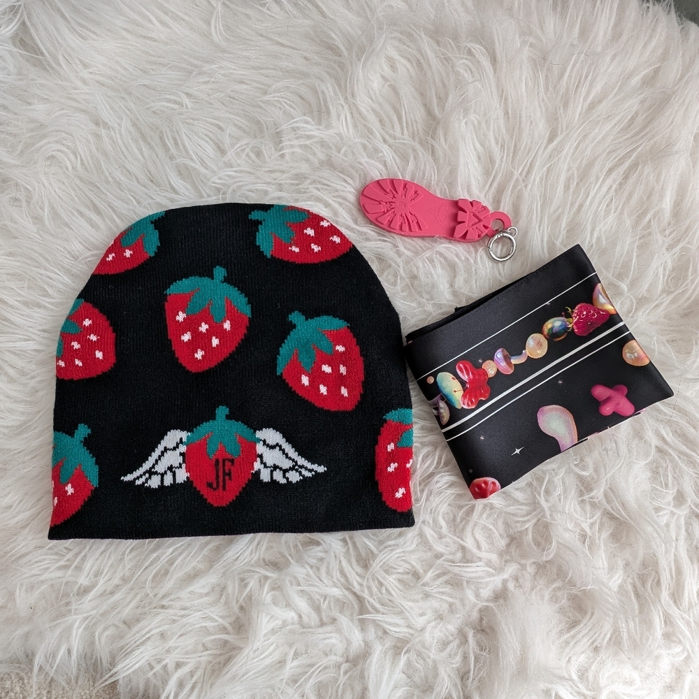 John Fluevog Black and Red Strawberry Beanie and Scarf Set
